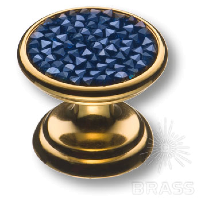 07150-315 Ручка кнопка c синими кристаллами Swarovski, глянцевое золото
