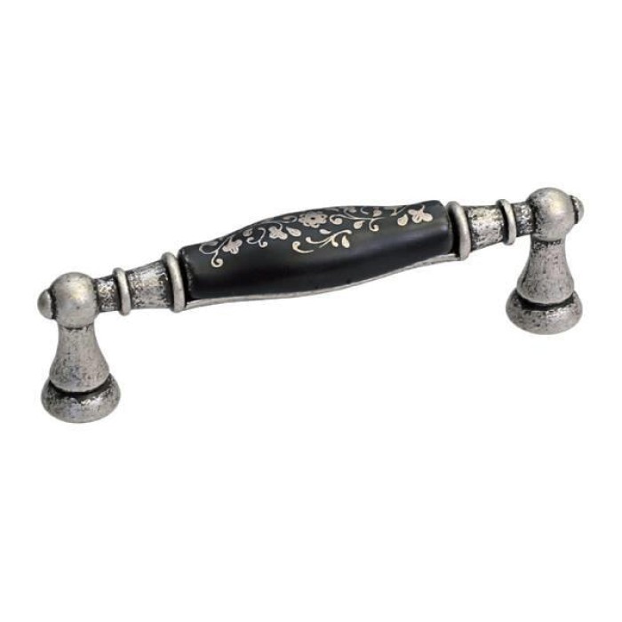 Ручка-скоба 96мм отделка серебро старое + керамика черная