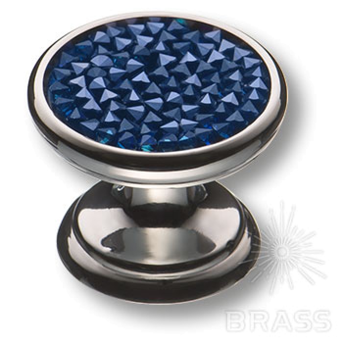 07150-515 Ручка кнопка c синими кристаллами Swarovski, глянцевый хром