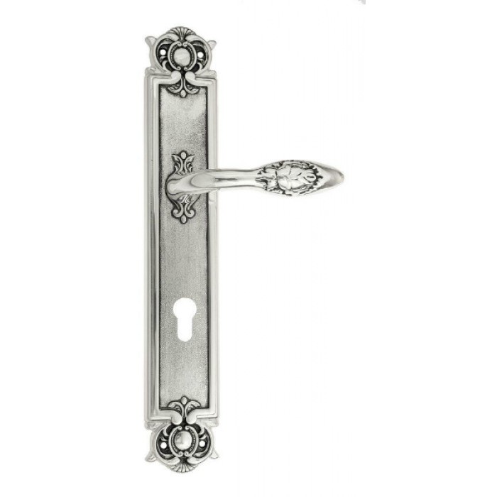 Дверная ручка Venezia CASANOVA CYL на планке PL97 натуральное серебро + черный