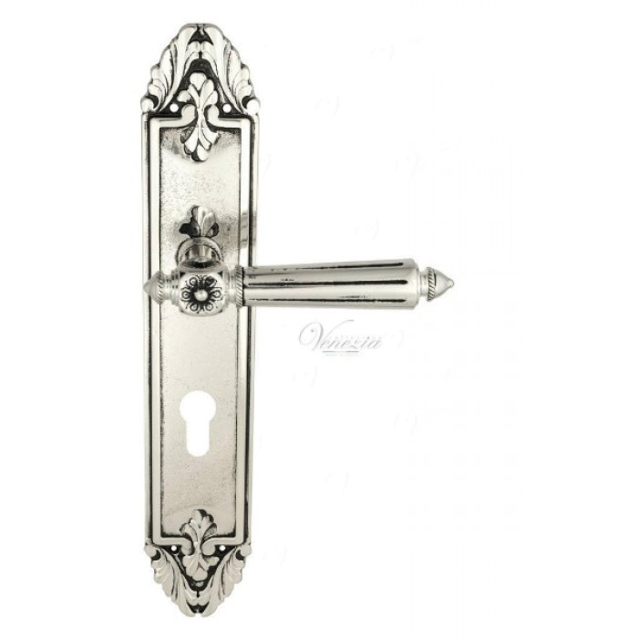 Дверная ручка Venezia CASTELLO CYL на планке PL90 натуральное серебро + черный