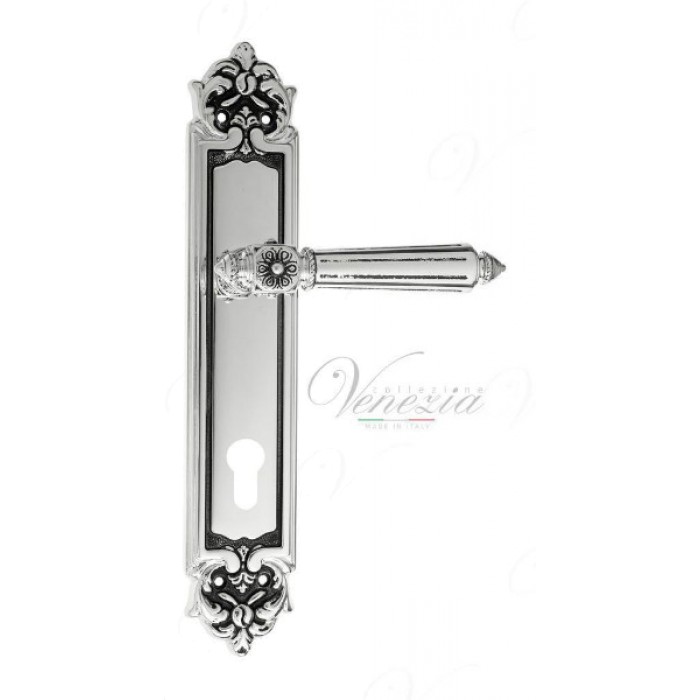 Дверная ручка Venezia CASTELLO CYL на планке PL96 натуральное серебро + черный