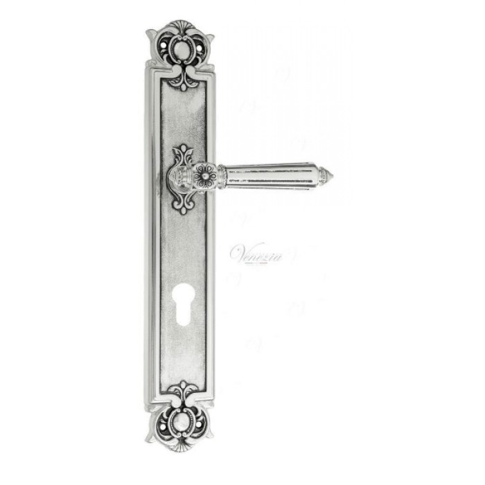 Дверная ручка Venezia CASTELLO CYL на планке PL97 натуральное серебро + черный