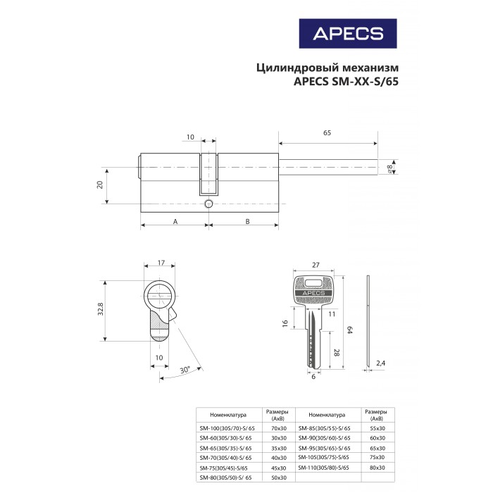 Цилиндровый механизм Apecs SM-80(30S/50)-S/65-NI